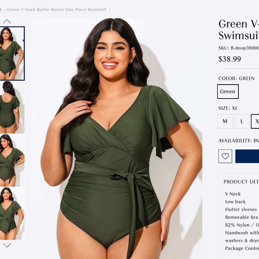 NWT Green V-Neck Ruffle Sleeve One Piece Swimsuit